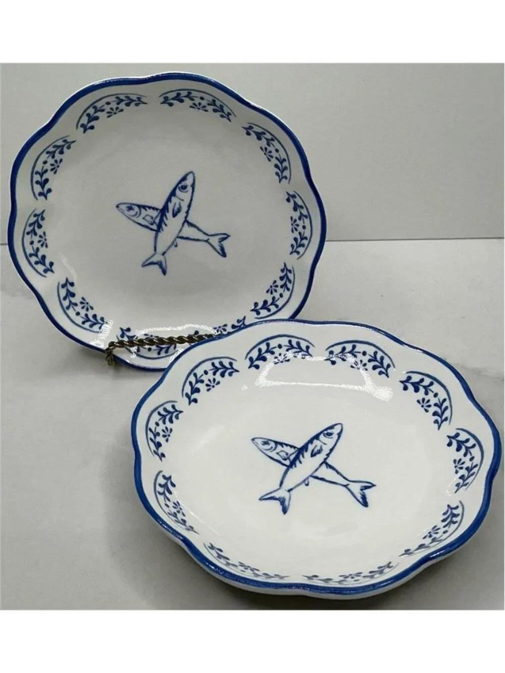 2 Small Cat Bowl, Pet Bowl, Pretty Blue & White Pet Food Dish FISH Ceramic New